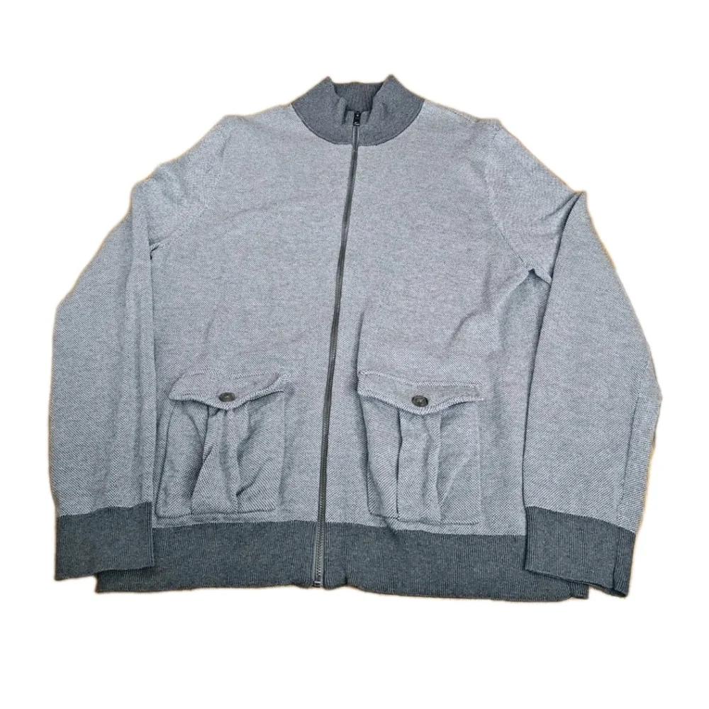 Banana Republic Cardigan Sweater XL Two Tone Gray Bird's Eye Knit Mock Neck Zip